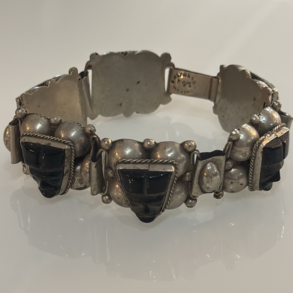 MEXICO 925 Silver  Vintage Face Carved Black Onyx Chain Bracelet - Picture 2 of 9